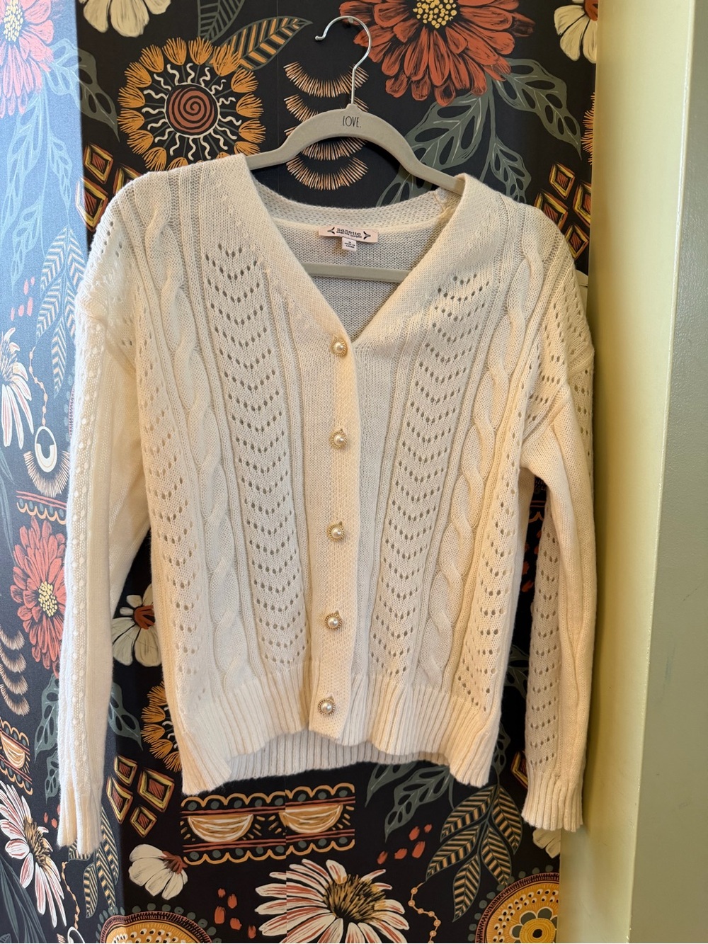 Cable Knit Pearl-Button Cardigan Sweater - Cream